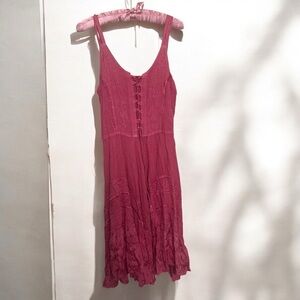 Vintage pink lace up summer sundress coquette Fairycore boho hippie OS